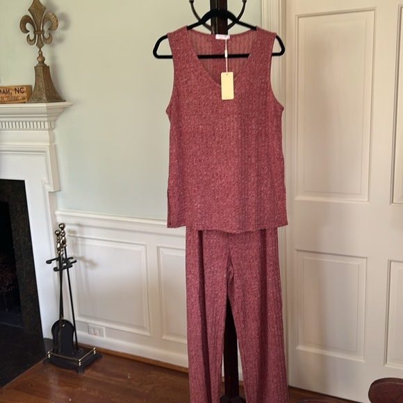 V Neck Knit Burgundy Loungewear Set 2 Piece Long Pant Size Large New With Tags - Picture 1 of 11